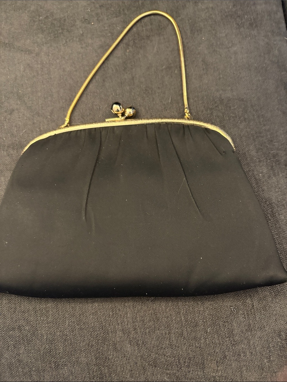 Vintage Classic Black Satin Clutch with Gold Frame